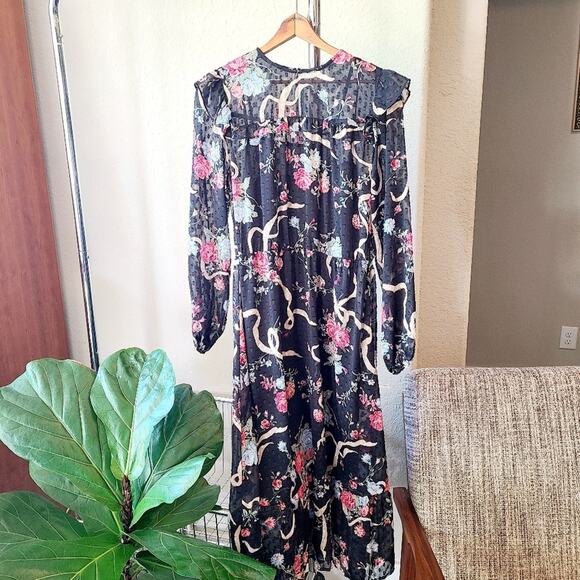 H&M DIVIDED Sheer Ruffle BOWS Floral Black Y2k Dress Sz Small Ruffle - Picture 1 of 6